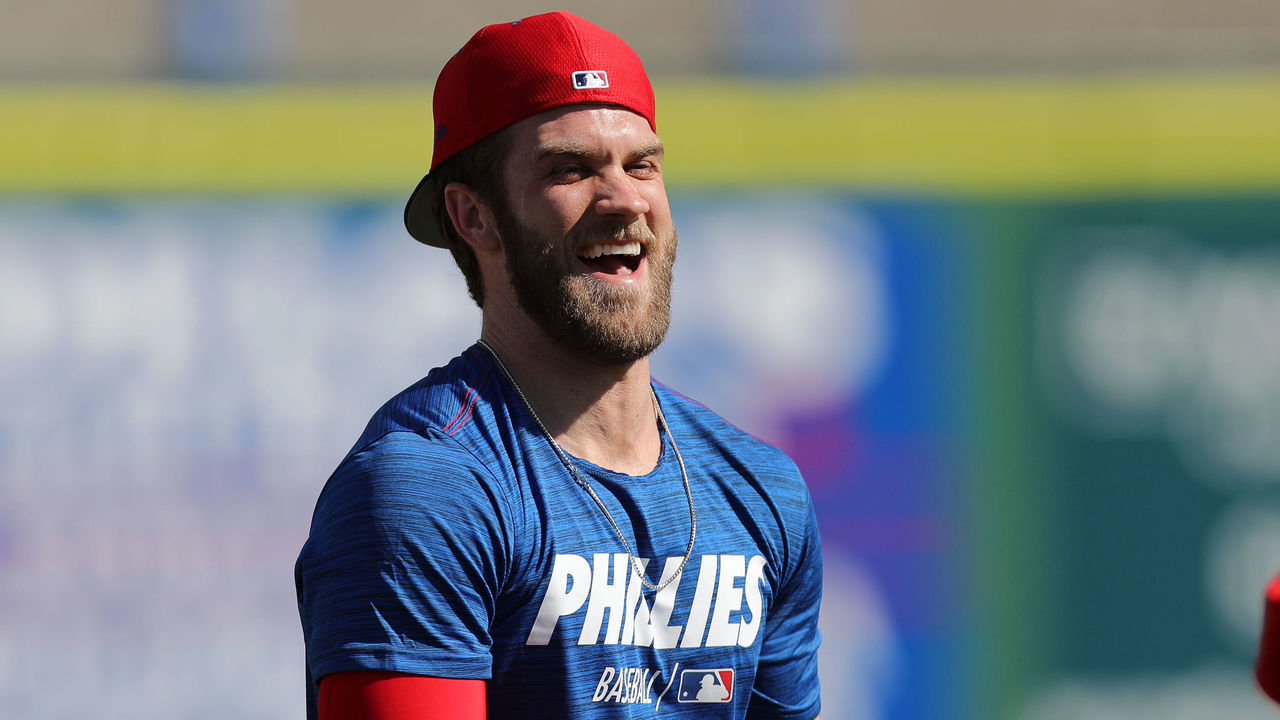 CLEARWATER, FL - MARCH 3: Bryce Harper #3 of the Philadelphia Phillies steps on to the field for his first workout as a member of the Phillies on Sunday March 3, 2019 at Spectrum Field in Clearwater, Florida.