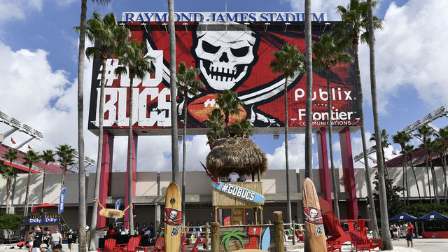 TAMPA, FL - SEPTEMBER 16: The Bucs introduce a new 'Bucs Beach' fan zone in front of the stadium prior to an NFL game between the Philadelphia Eagles and the Tampa Bay Buccaneers on September 16, 2018, at Raymond James Stadium in Tampa, FL.