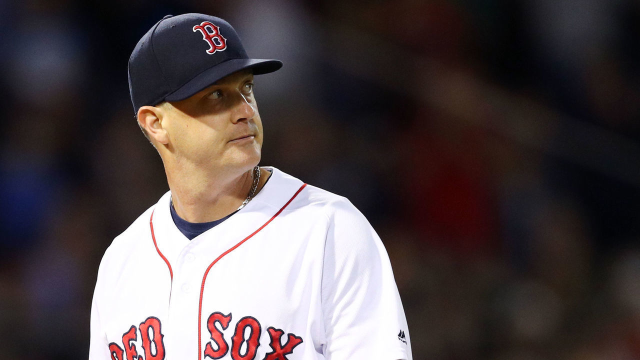 BOSTON, MA - SEPTEMBER 12: Steven Wright #35 of the Boston Red Sox looks on during the eighth inning against the Toronto Blue Jays at Fenway Park on September 12, 2018 in Boston, Massachusetts.