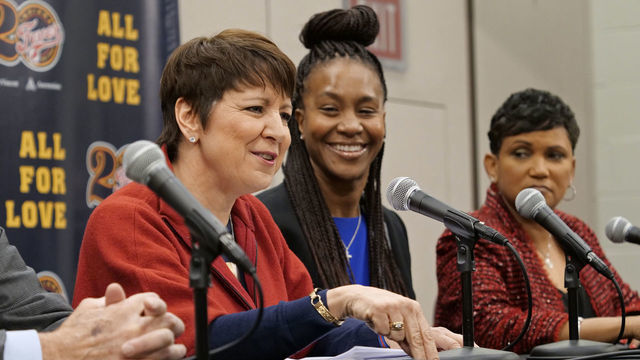 INDIANAPOLIS - MARCH 4: The Indiana Fever introduce Tamika Catchings as VP of Basketball Operations and Allison Barber, President and COO of the Indiana Fever during a press conference at Bankers Life Fieldhouse on March 4, 2019 in Indianapolis, Indiana. NOTE TO USER: User expressly acknowledges and agrees that, by downloading and or using this Photograph, user is consenting to the terms and condition of the Getty Images License Agreement. Mandatory Copyright Notice: 2019 NBAE
