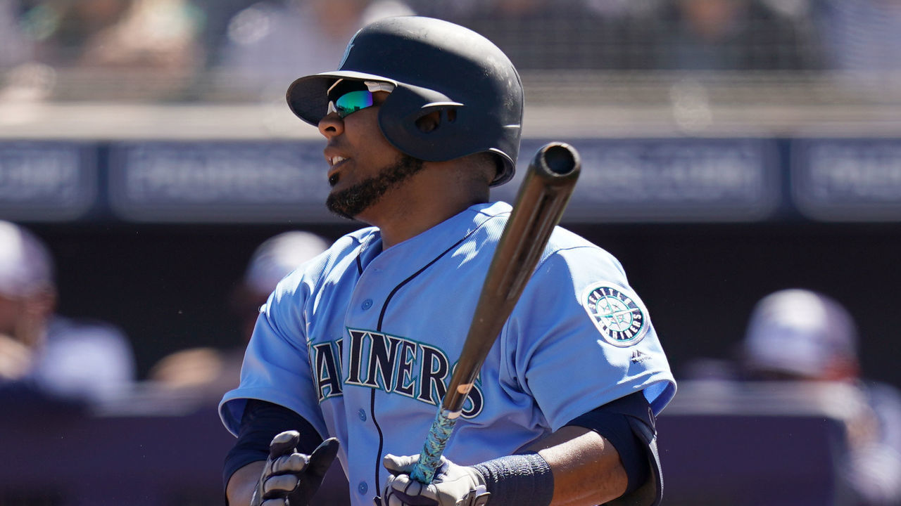 PEORIA, AZ - MARCH 05: Edwin Encarnacion #10 of the Seattle Mariners bats during the spring training game against the San Diego Padres on March 5, 2019 in Peoria, Arizona.
