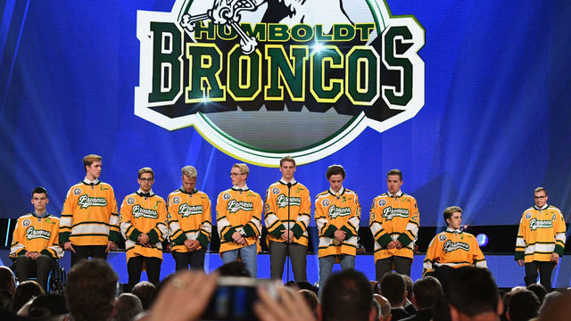 LAS VEGAS, NV - JUNE 20: Members of the Humboldt Broncos junior hockey league team stand onstage during the 2018 NHL Awards presented by Hulu at The Joint inside the Hard Rock Hotel & Casino on June 20, 2018 in Las Vegas, Nevada.
