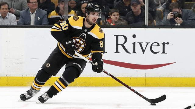BOSTON, MA - FEBRUARY 26: Boston Bruins left wing Marcus Johansson (90) holds the puck during a game between the Boston Bruins and the San Jose Sharks on February 26, 2019, at TD Garden in Boston, Massachusetts.