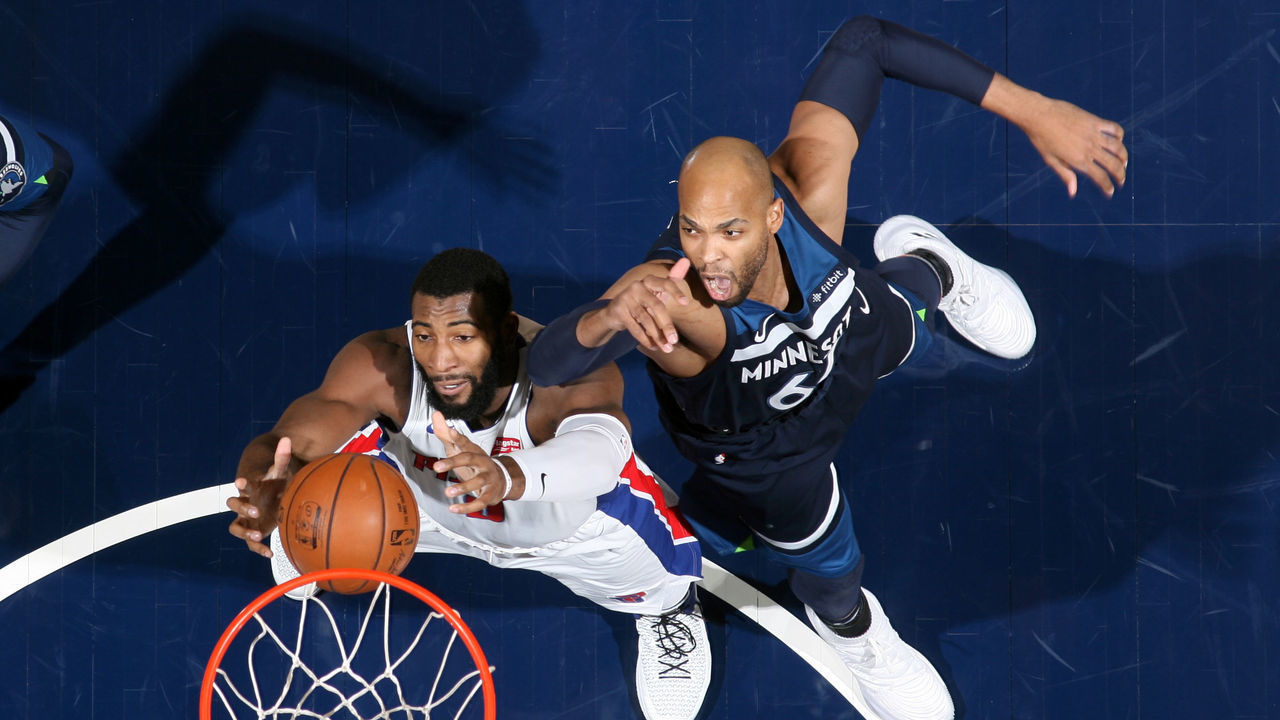 MINNEAPOLIS, MN - NOVEMBER 19: Andre Drummond #0 of the Detroit Pistons grabs the rebound against Taj Gibson #67 of the Minnesota Timberwolves against the Detroit Pistons on November 19, 2017 at Target Center in Minneapolis, Minnesota. Mandatory Copyright Notice: Copyright 2017 NBAE