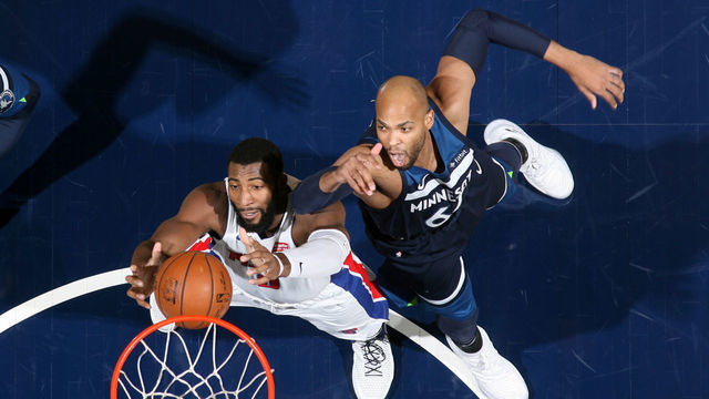 MINNEAPOLIS, MN - NOVEMBER 19: Andre Drummond #0 of the Detroit Pistons grabs the rebound against Taj Gibson #67 of the Minnesota Timberwolves against the Detroit Pistons on November 19, 2017 at Target Center in Minneapolis, Minnesota. Mandatory Copyright Notice: Copyright 2017 NBAE