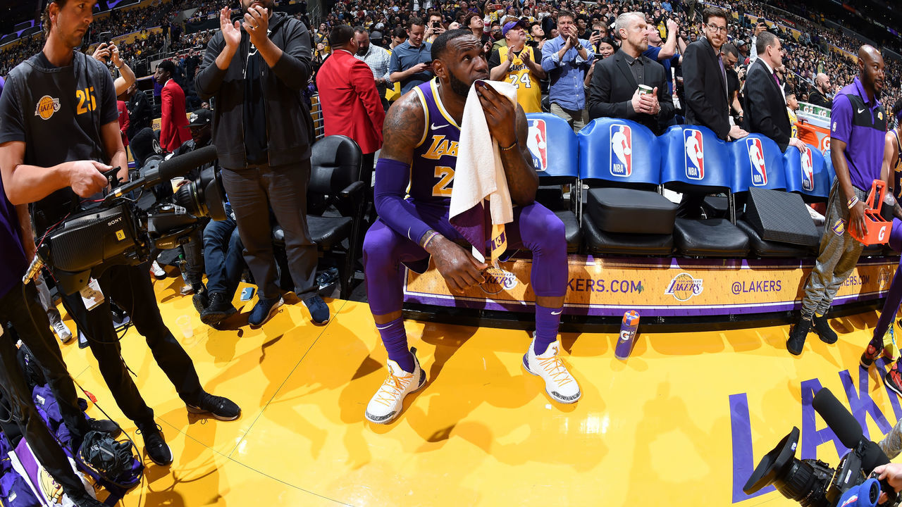 LOS ANGELES, CA - MARCH 6: LeBron James #23 of the Los Angeles Lakers reacts after passing Michael Jordan on the NBA All-Time Scoring Leaders List against the Denver Nuggets on March 6 2019 at STAPLES Center in Los Angeles, California. NOTE TO USER: User expressly acknowledges and agrees that, by downloading and/or using this Photograph, user is consenting to the terms and conditions of the Getty Images License Agreement. Mandatory Copyright Notice: Copyright 2019 NBAE