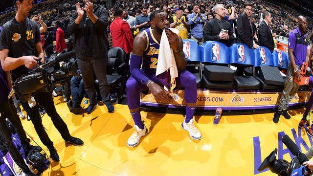 LOS ANGELES, CA - MARCH 6: LeBron James #23 of the Los Angeles Lakers reacts after passing Michael Jordan on the NBA All-Time Scoring Leaders List against the Denver Nuggets on March 6 2019 at STAPLES Center in Los Angeles, California. NOTE TO USER: User expressly acknowledges and agrees that, by downloading and/or using this Photograph, user is consenting to the terms and conditions of the Getty Images License Agreement. Mandatory Copyright Notice: Copyright 2019 NBAE