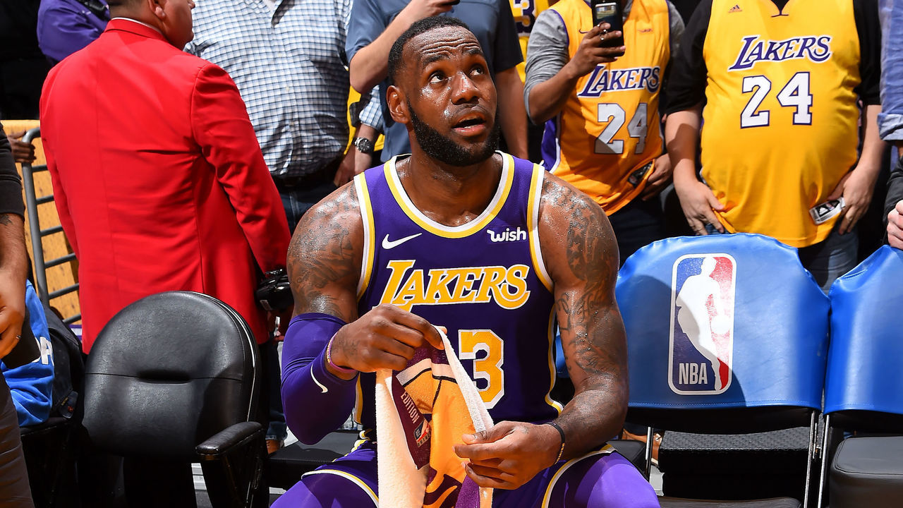 LOS ANGELES, CA - MARCH 6: LeBron James #23 of the Los Angeles Lakers reacts after passing Michael Jordan on the NBA All-Time Scoring Leaders List against the Denver Nuggets on March 6 2019 at STAPLES Center in Los Angeles, California. NOTE TO USER: User expressly acknowledges and agrees that, by downloading and/or using this Photograph, user is consenting to the terms and conditions of the Getty Images License Agreement. Mandatory Copyright Notice: Copyright 2019 NBAE