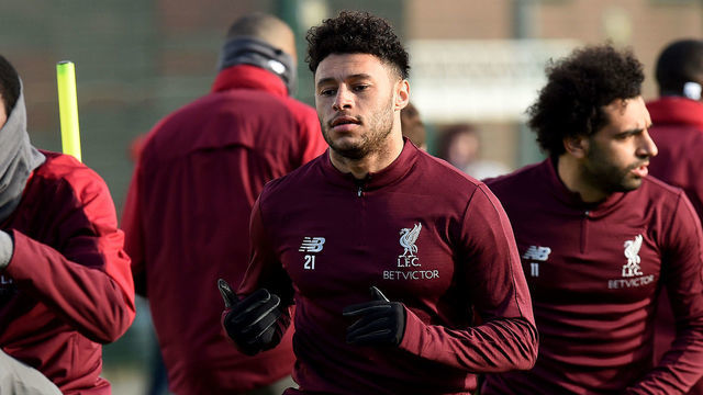 LIVERPOOL, ENGLAND - FEBRUARY 18: (THE SUN OUT, THE SUN ON SUNDAY OUT) Alex Oxlade-Chamberlain of Liverpool during a training session at Melwood training ground on February 18, 2019 in Liverpool, England.