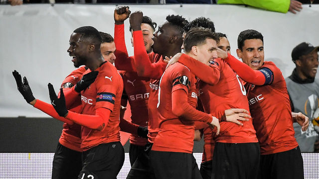 Rennes' Senegalese forward Ismaila Sarr (C) celebrates with teammates after scoring their third goal during the UEFA Europa League round of 16 first leg football match between Stade Rennais FC and Arsenal FC at the Roazhon Park stadium in Rennes, northwestern France on March 7, 2019.