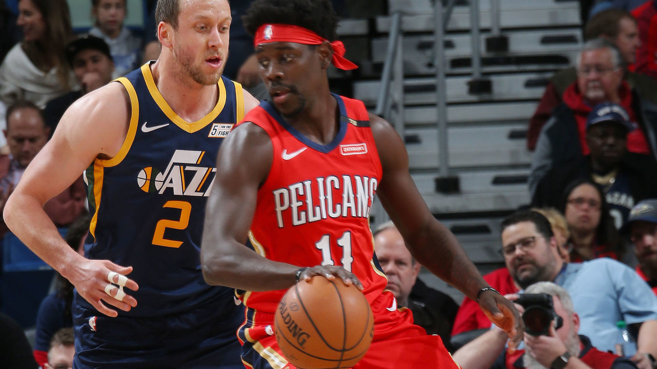 NEW ORLEANS, LA - MARCH 6: Jrue Holiday #11 of the New Orleans Pelicans handles the ball during the game against Joe Ingles #2 of the Utah Jazz on March 6, 2019 at the Smoothie King Center in New Orleans, Louisiana. Mandatory Copyright Notice: Copyright 2019 NBAE
