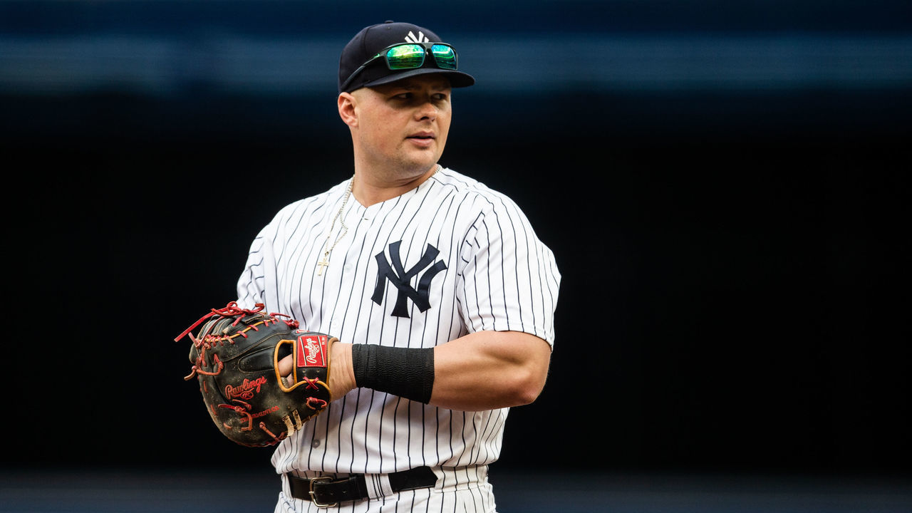 NEW YORK, NY - SEPTEMBER 22: Luke Voit #45 of the New York Yankees looks on during the game against the Baltimore Orioles at Yankee Stadium on Saturday, September 22, 2018 in the Bronx borough of New York City.