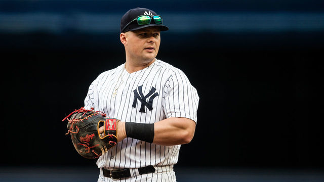 NEW YORK, NY - SEPTEMBER 22: Luke Voit #45 of the New York Yankees looks on during the game against the Baltimore Orioles at Yankee Stadium on Saturday, September 22, 2018 in the Bronx borough of New York City.