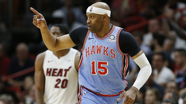 MIAMI, FLORIDA - MARCH 04: Vince Carter #15 of the Atlanta Hawks celebrates after a three pointer against the Miami Heat during the second half at American Airlines Arena on March 04, 2019 in Miami, Florida.