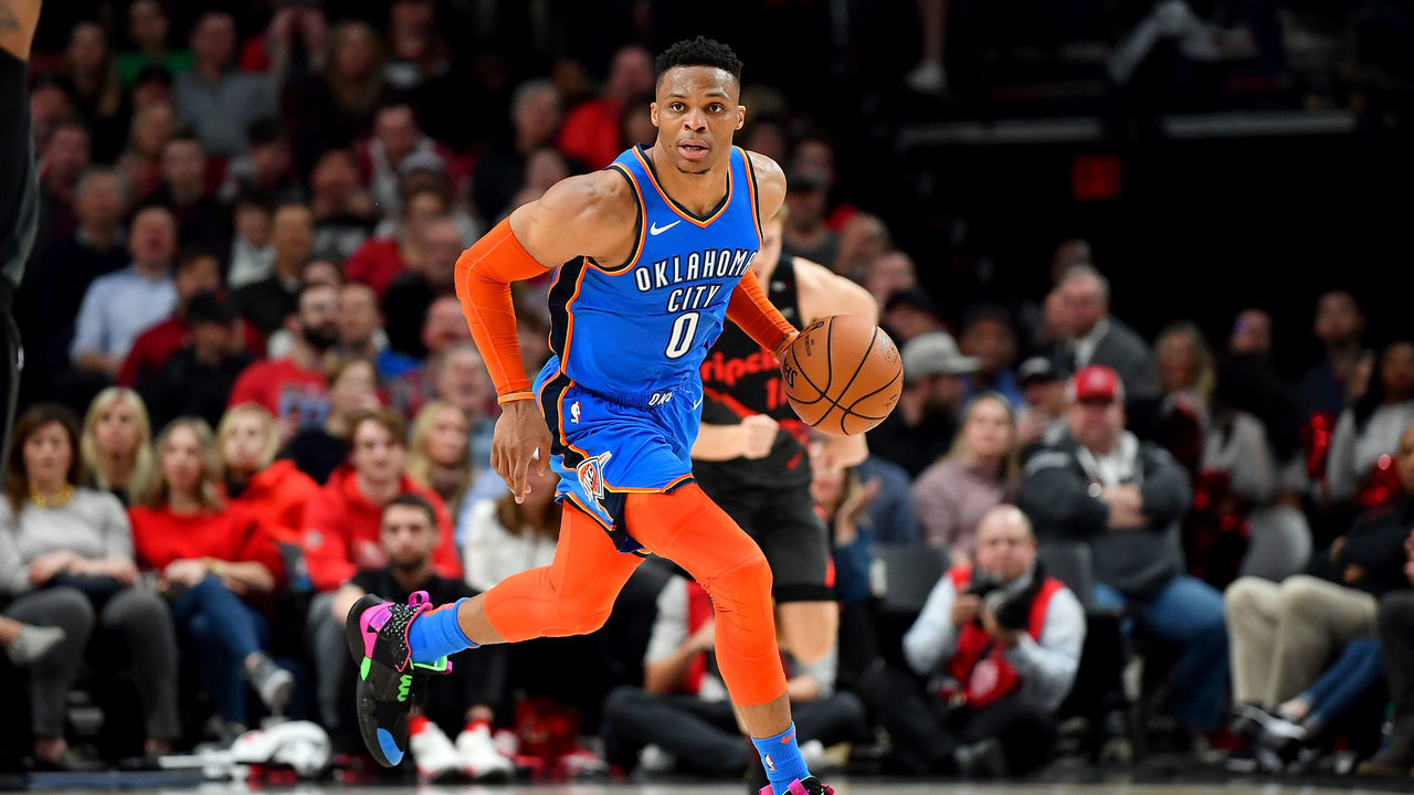 PORTLAND, OREGON - MARCH 07: Russell Westbrook #0 of the Oklahoma City Thunder moves the ball down the court against the Portland Trail Blazers during the second half of the game at the Moda Center on March 07, 2019 in Portland, Oregon. The Oklahoma City Thunder won in overtime 129-121.
