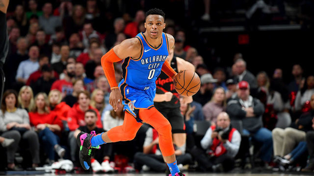 PORTLAND, OREGON - MARCH 07: Russell Westbrook #0 of the Oklahoma City Thunder moves the ball down the court against the Portland Trail Blazers during the second half of the game at the Moda Center on March 07, 2019 in Portland, Oregon. The Oklahoma City Thunder won in overtime 129-121.