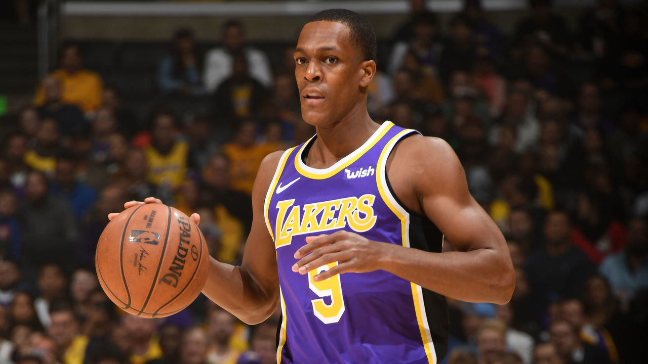 LOS ANGELES, CA - MARCH 6: Rajon Rondo #9 of the Los Angeles Lakers handles the ball against the Denver Nuggets on March 6 2019 at STAPLES Center in Los Angeles, California. NOTE TO USER: User expressly acknowledges and agrees that, by downloading and/or using this Photograph, user is consenting to the terms and conditions of the Getty Images License Agreement. Mandatory Copyright Notice: Copyright 2019 NBAE