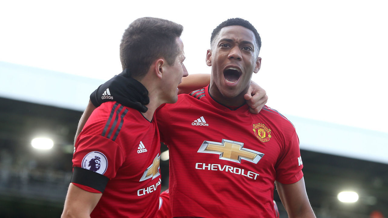 LONDON, ENGLAND - FEBRUARY 09: Anthony Martial of Manchester United celebrates scoring their second goal during the Premier League match between Fulham FC and Manchester United at Craven Cottage on February 09, 2019 in London, United Kingdom.