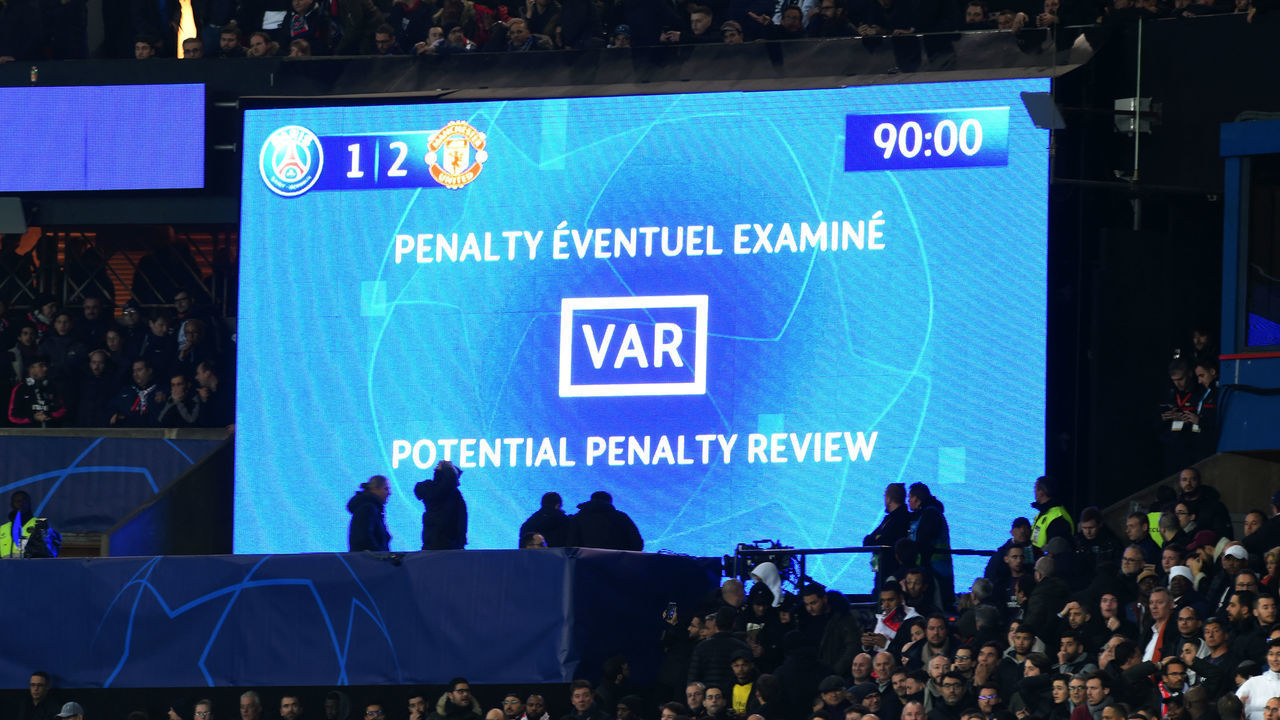 PARIS, FRANCE - MARCH 06: The VAR screen is shown in use during the UEFA Champions League Round of 16 Second Leg match between Paris Saint-Germain and Manchester United at Parc des Princes on March 06, 2019 in Paris, .