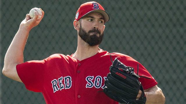 FT. MYERS, FL - FEBRUARY 21: Rick Porcello #22 of the Boston Red Sox throws during a team workout on February 21, 2019 at JetBlue Park at Fenway South in Fort Myers, Florida.