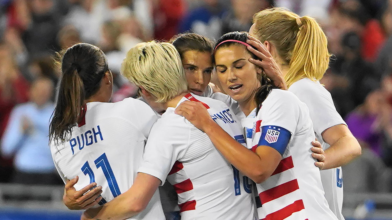 USA team celebration after Tobin Heath of The United States scores the first goal of the evening during the SheBelieves Cup match between The United States and Brazil at Raymond James Stadium on March 5, 2019 in Tampa, Florida, United States.