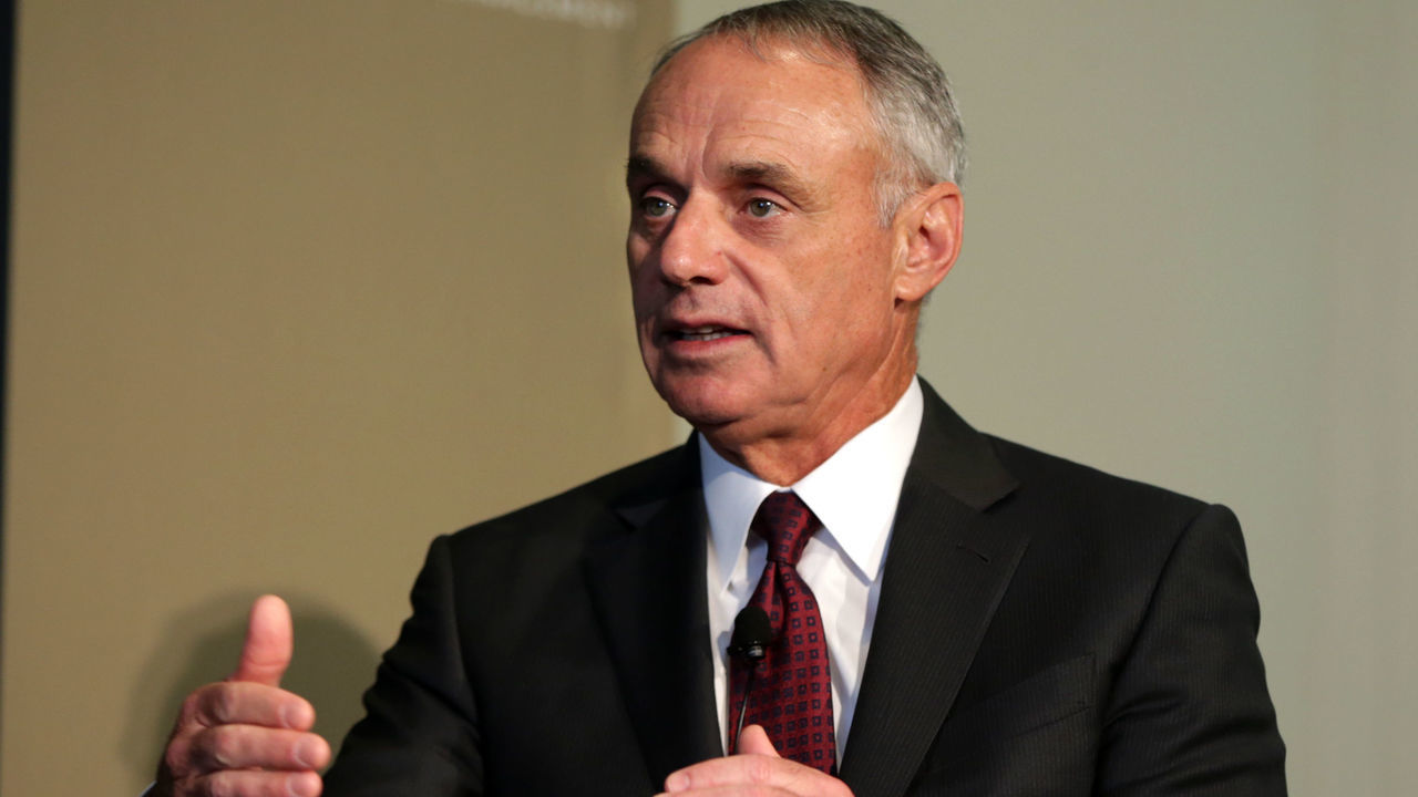 BOSTON, MA - MARCH 6: Major League Baseball Commissioner Robert D. Manfred Jr. takes part in a Q&A moderated by Boston Red Sox President and CEO Samuel H. Kennedy (not pictured) at the Boston College Chief Executives Club luncheon in Boston on March 6, 2019.