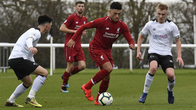 DERBY, ENGLAND - MARCH 08: (THE SUN OUT, THE SUN ON SUNDAY OUT) Alex Oxlade-Chamberlain of Liverpool in action during the PL2 game at Derby County Training Ground on March 8, 2019 in Derby, England.