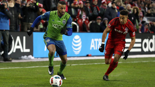 TORONTO, ON - DECEMBER 10: Seattle's Tyrone Mears (ENG) (left) and Toronto's Justin Morrow (right). Toronto FC hosted Seattle Sounders FC in MLS Cup 2016 on December 10, 2016, at BMO Field in Toronto, Ontario in Canada. Seattle won the championship 5-4 on penalty kicks after the game ended in a 0-0 tie after extra time.