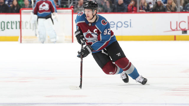 DENVER, CO - FEBRUARY 27: Gabriel Landeskog #92 of the Colorado Avalanche skates against the Vancouver Canucks at the Pepsi Center on February 27, 2019 in Denver, Colorado. 'n