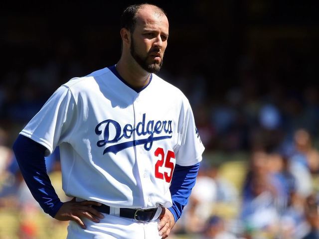 LOS ANGELES - SEPTEMBER 16: Esteban Loaiza #25 of the Los Angeles Dodgers reacts after bunting into a double play to end the third inning against the Arizona Diamondbacks at Dodger Stadium September 16, 2007 in Los Angeles, California.