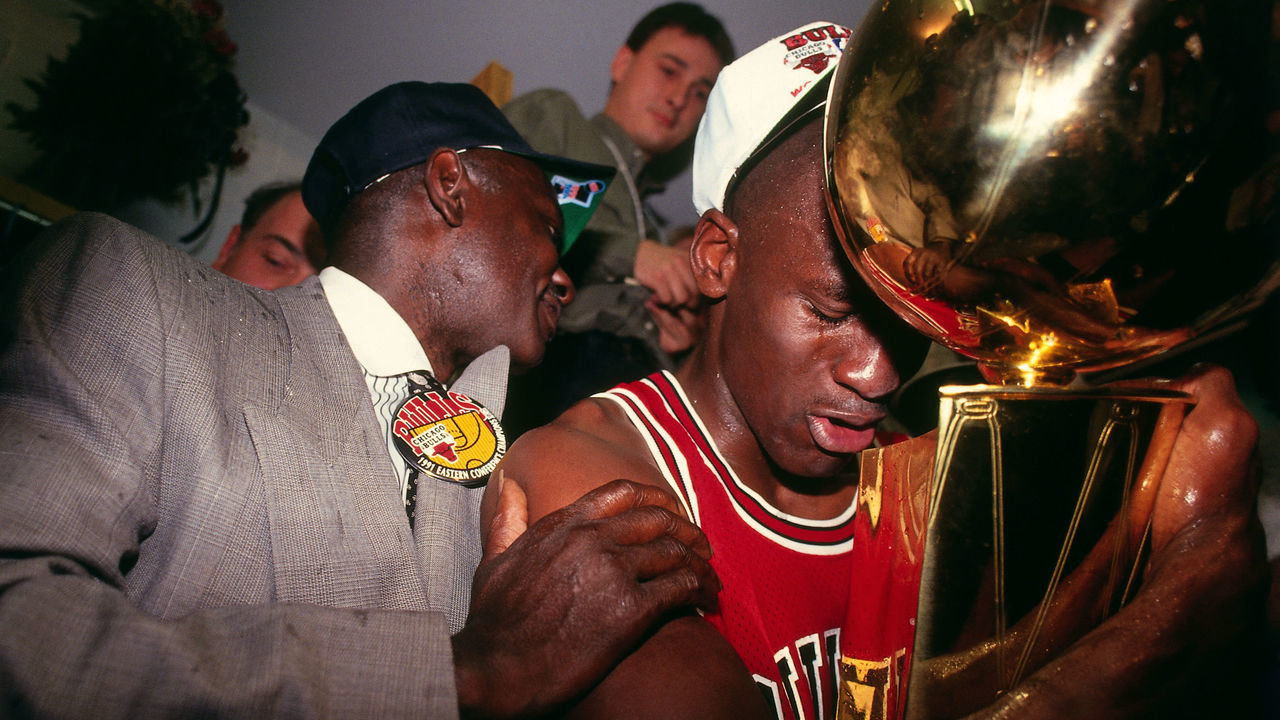 INGLEWOOD, CA- JUNE 12: Michael Jordan #23 of the Chicago Bulls celebrates following Game Five of the 1991 NBA Finals on June 12, 1991 at the Great Western Forum in Inglewood, California. NOTE TO USER: User expressly acknowledges and agrees that, by downloading and/or using this Photograph, user is consenting to the terms and conditions of the Getty Images License Agreement. Mandatory Copyright Notice: Copyright 1991 NBAE