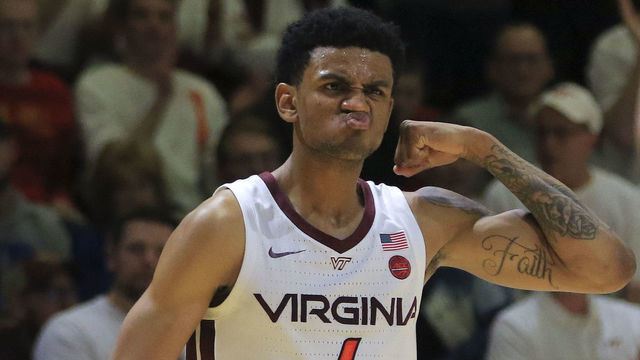 BLACKSBURG, VA - FEBRUARY 26: Nickeil Alexander-Walker #4 of the Virginia Tech Hokies celebrates during the game against the Duke Blue Devils at Cassell Coliseum on February 26, 2019 in Blacksburg, Virginia.