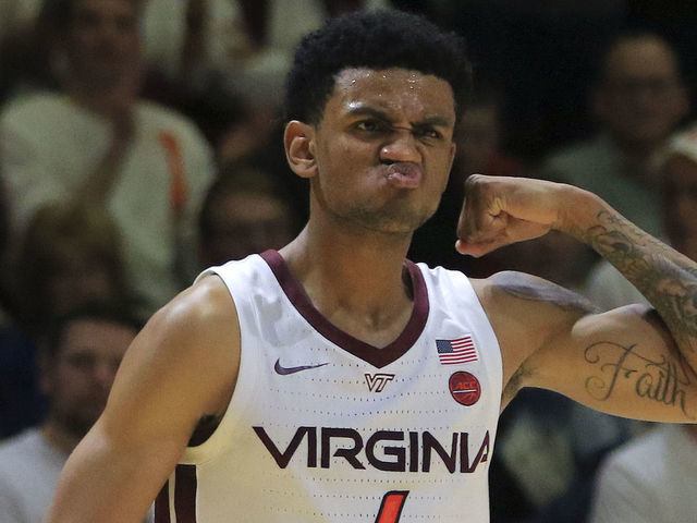 BLACKSBURG, VA - FEBRUARY 26: Nickeil Alexander-Walker #4 of the Virginia Tech Hokies celebrates during the game against the Duke Blue Devils at Cassell Coliseum on February 26, 2019 in Blacksburg, Virginia.