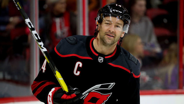 RALEIGH, NC - MARCH 08: Justin Williams #14 of the Carolina Hurricanes skates in warm ups prior to an NHL game against the Winnipeg Jets on March 8, 2019 at PNC Arena in Raleigh, North Carolina.