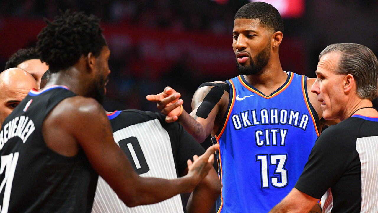 LOS ANGELES, CA - MARCH 08: Oklahoma City Thunder Forward Paul George (13) and Los Angeles Clippers Guard Patrick Beverley (21) have a disagreement during a NBA game between the Oklahoma City Thunder and the Los Angeles Clippers on March 8, 2019 at STAPLES Center in Los Angeles, CA.
