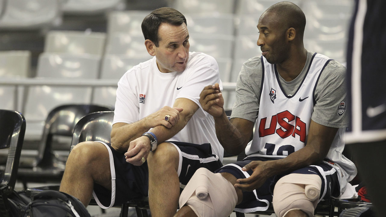 BARCELONA, SPAIN - JULY 23: Kobe Bryant #10 and Mike Krzyzewski Head Coach of the US Men's Senior National team are talking during practice at Palau Sant Jordi Arena on July 23, 2012 in Barcelona, Spain. Mandatory Copyright Notice: Copyright 2012 NBAE