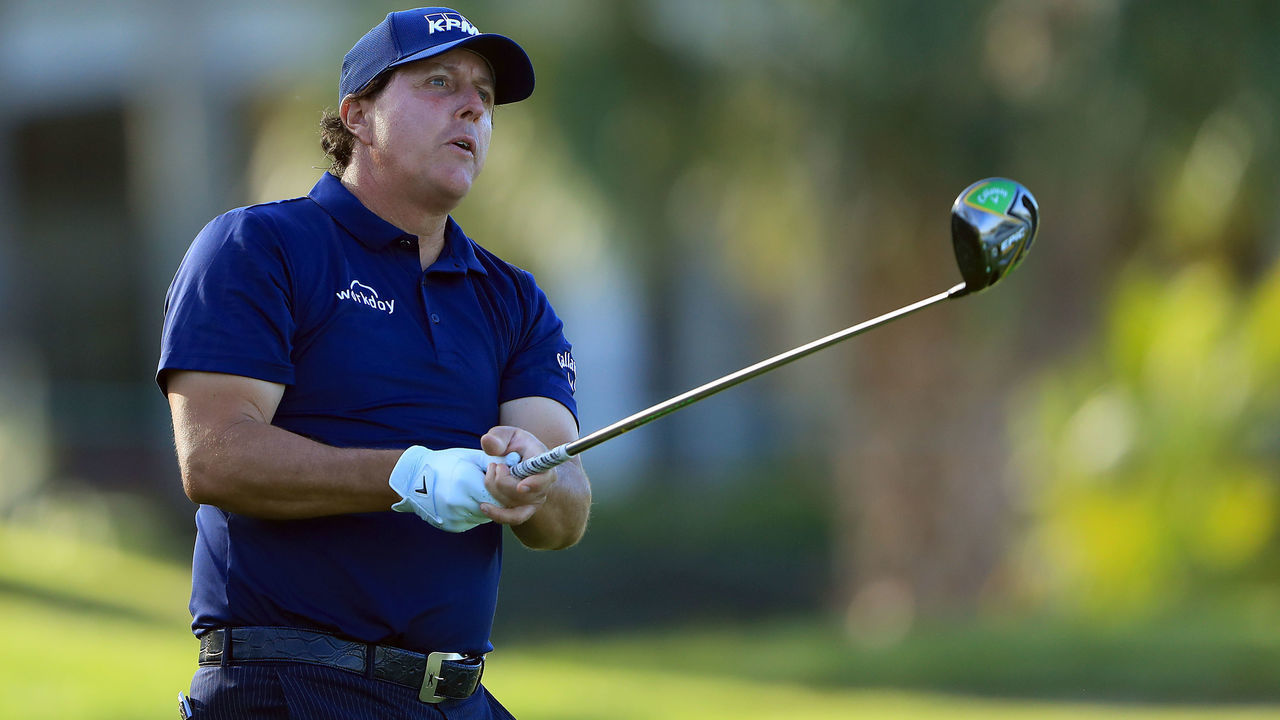 ORLANDO, FLORIDA - MARCH 08: Phil Mickelson of the United States plays his shot from the 12th tee during the second round of the Arnold Palmer Invitational Presented by Mastercard at the Bay Hill Club on March 08, 2019 in Orlando, Florida.