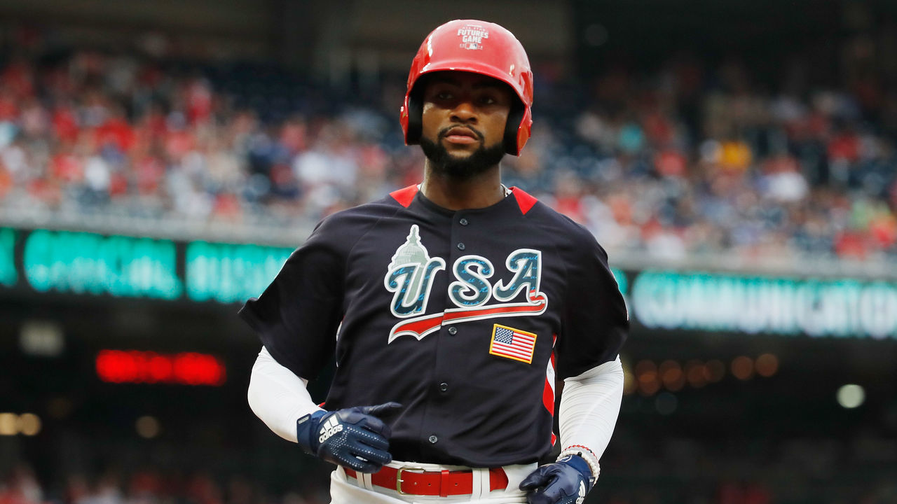 WASHINGTON, DC - JULY 15: Jo Adell of the U.S. Team scores on a passed ball against the World Team in the seventh inning during the SiriusXM All-Star Futures Game at Nationals Park on July 15, 2018 in Washington, DC.