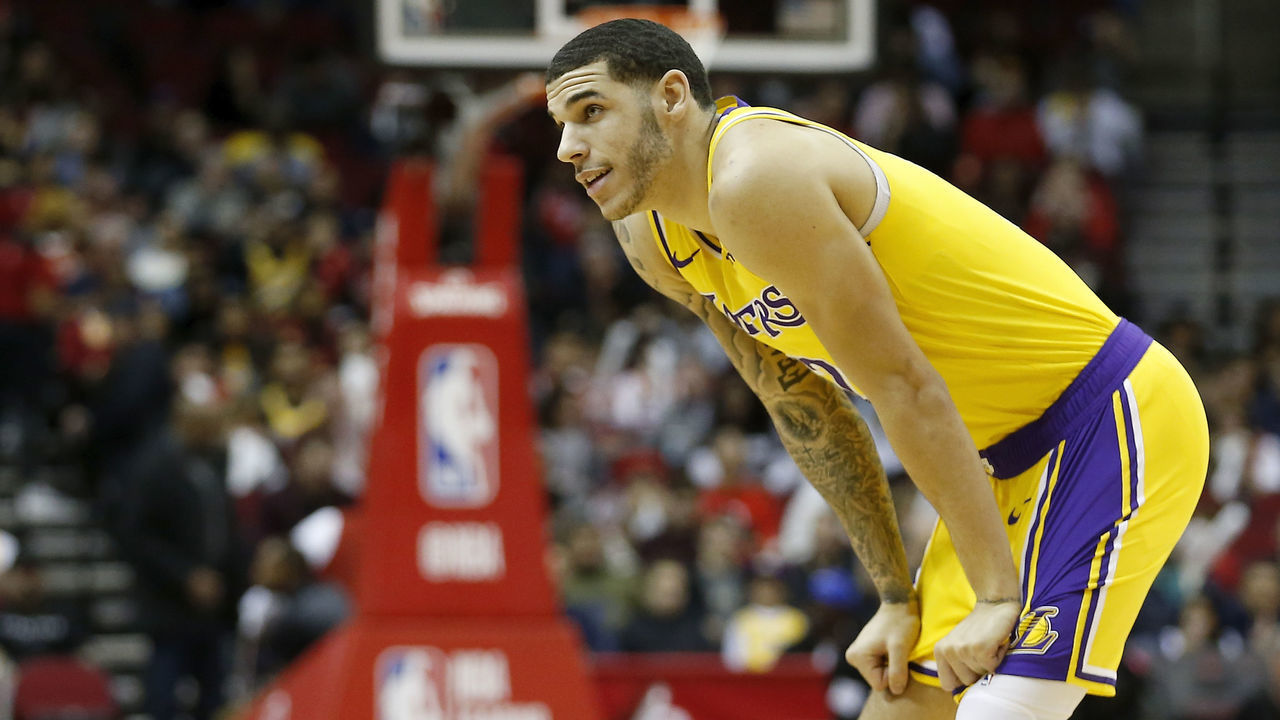 HOUSTON, TX - JANUARY 19: Lonzo Ball #2 of the Los Angeles Lakers reacts after a foul against the Houston Rockets in the first half at Toyota Center on January 19, 2019 in Houston, Texas.