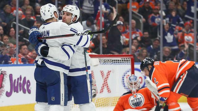 EDMONTON, AB - MARCH 9: Toronto Maple Leafs Center John Tavares (91) celebrates his goal in the second period during the Edmonton Oilers game versus the Toronto Maple Leafs on March 9, 2019 at Rogers Place in Edmonton, AB.