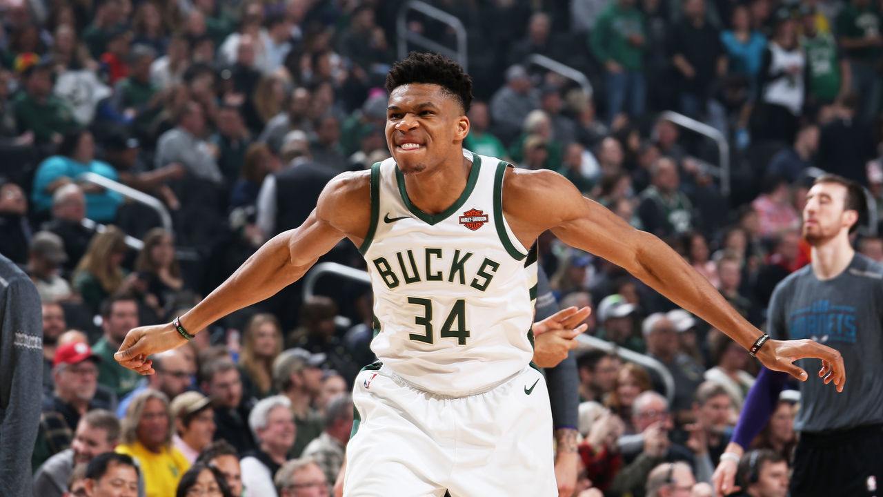 MILWAUKEE, WI - MARCH 9: Giannis Antetokounmpo #34 of the Milwaukee Bucks begins his pre game routine against the Charlotte Hornets on March 9, 2019 at the Fiserv Forum Center in Milwaukee, Wisconsin. Mandatory Copyright Notice: Copyright 2019 NBAE .