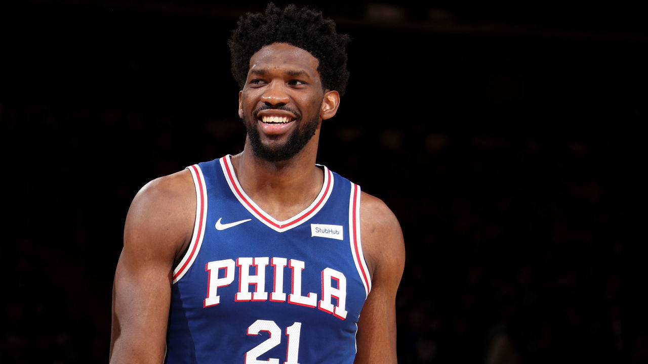 NEW YORK, NY - FEBRUARY 13: Ben Simmons #25 and Joel Embiid #21 of the Philadelphia 76ers smile during a game against the New York Knicks on February 13, 2019 at Madison Square Garden in New York City, New York. Mandatory Copyright Notice: Copyright 2019 NBAE