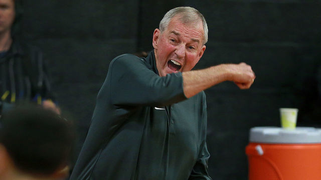FRANKLIN, MA - NOVEMBER 20: Jim Calhoun, the head coach of the St. Joseph's Blue Jays Division Three men's basketball team, yells from the bench during the club's first ever road game in the Pieri Gymnasium at Dean College in Franklin, MA on Nov. 20, 2018. Calhoun initially signed on as a consultant to help get the program started. Then he took the next step and became its first coach, returning to the game six years into retirement after winning three national championships at the University of Connecticut.
