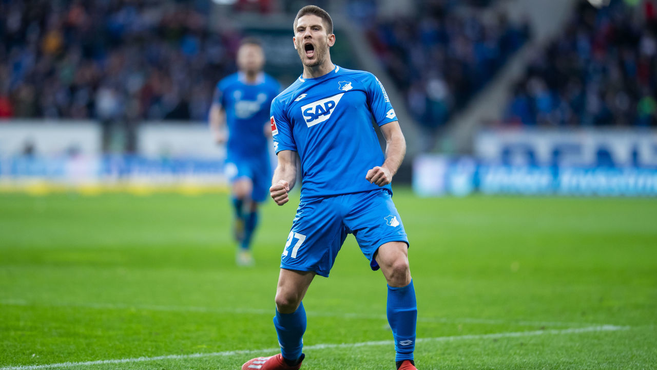 SINSHEIM, GERMANY - MARCH 10: Andrej Kramaric of Hoffenheim celebrates his team's second goal during the Bundesliga match between TSG 1899 Hoffenheim and 1. FC Nuernberg at PreZero-Arena on March 10, 2019 in Sinsheim, Germany.