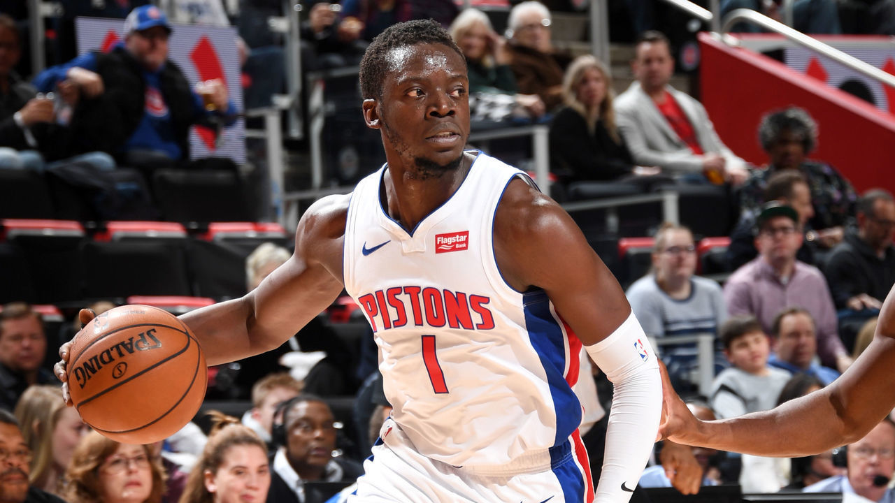 DETROIT, MI - MARCH 10: Reggie Jackson #1 of the Detroit Pistons handles the ball against the Chicago Bulls on March 10, 2019 at Little Caesars Arena in Detroit, Michigan. NOTE TO USER: User expressly acknowledges and agrees that, by downloading and/or using this photograph, User is consenting to the terms and conditions of the Getty Images License Agreement. Mandatory Copyright Notice: Copyright 2019 NBAE