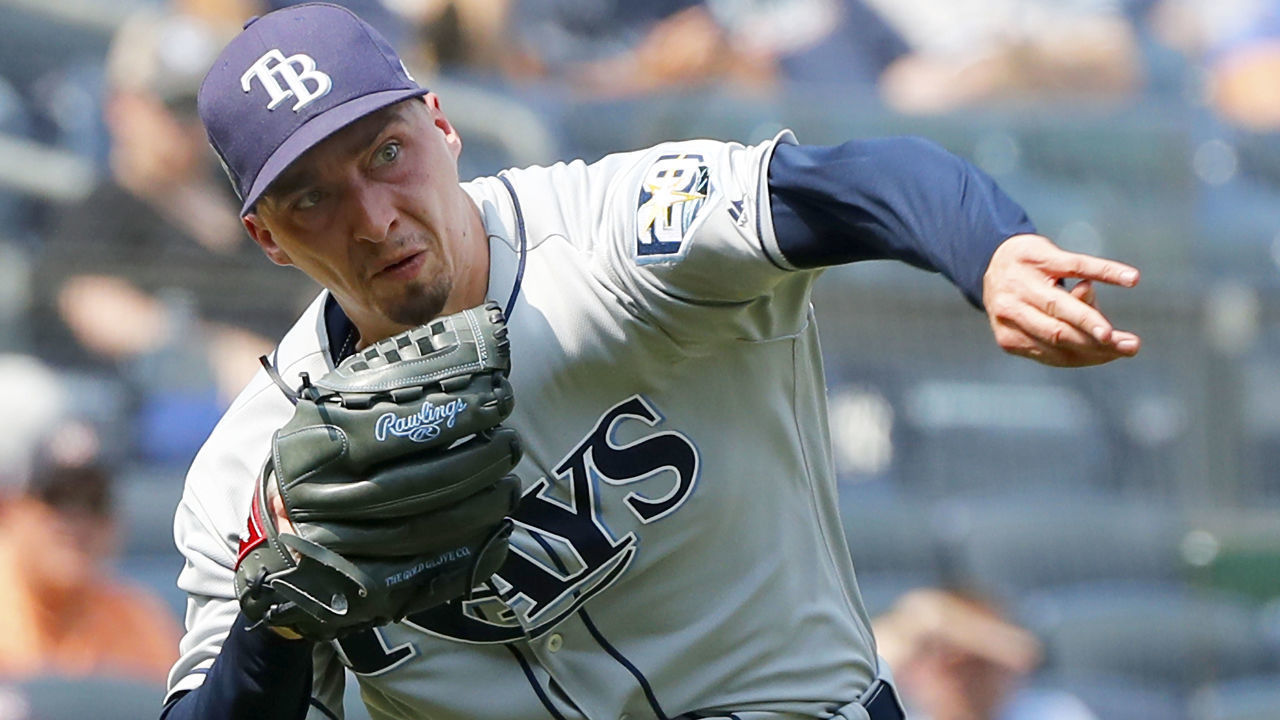 NEW YORK, NY - AUGUST 16: Pitcher Blake Snell #4 of the Tampa Bay Rays in action during an MLB baseball game against the New York Yankees on August 16, 2018 at Yankee Stadium in the Bronx borough of New York City. Rays won 3-1.