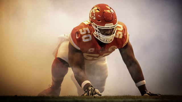 KANSAS CITY, MO - JANUARY 20: Kansas City Chiefs outside linebacker Justin Houston (50) crawls on the ground while being introduced during the NFL AFC Championship game against the New England Patriots on January 20, 2019 at Arrowhead Stadium in Kansas City, Missouri.