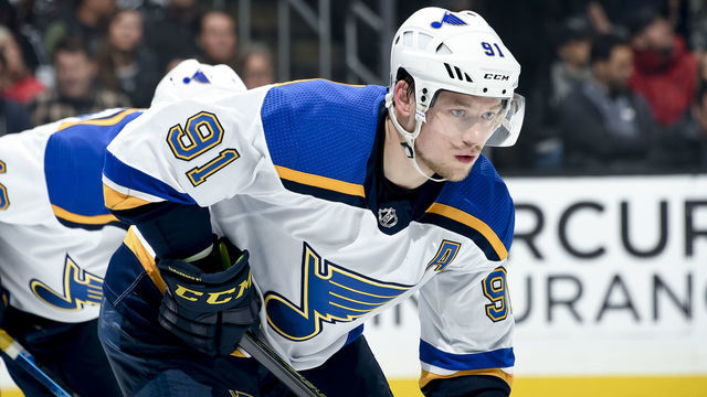 LOS ANGELES, CA - MARCH 7: Vladimir Tarasenko #91 of the St. Louis Blues waits for a face-off during the first period of the game against the Los Angeles Kings at STAPLES Center on March 7, 2019 in Los Angeles, California. *** Local Caption ***