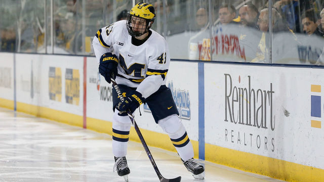 ANN ARBOR, MI - DECEMBER 08: Michigan Wolverines defenseman Quinn Hughes (43) skates with the puck during a regular season Big 10 Conference hockey game between the Minnesota Golden Gophers and Michigan Wolverines on December 8, 2018 at Yost Ice Arena in Ann Arbor, Michigan.