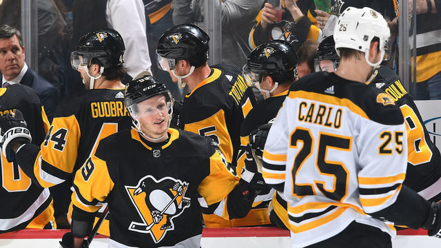 PITTSBURGH, PA - MARCH 10: Jake Guentzel #59 of the Pittsburgh Penguins celebrates his second period against the Boston Bruins at PPG Paints Arena on March 10, 2019 in Pittsburgh, Pennsylvania.